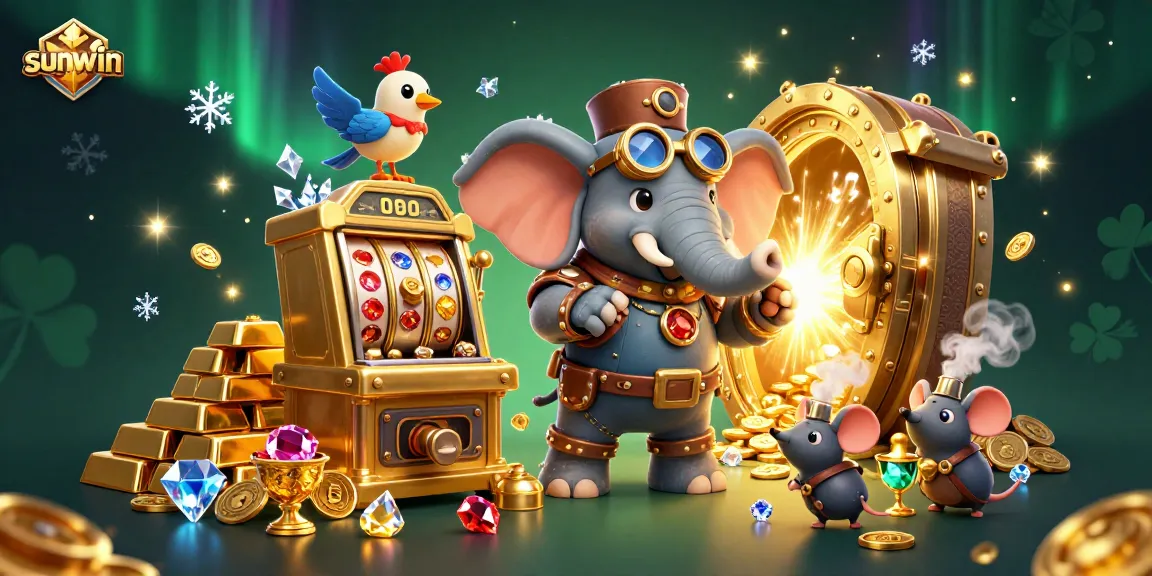 Win big with sunwin's dynamic slot games featuring a steampunk elephant and treasure vault!
