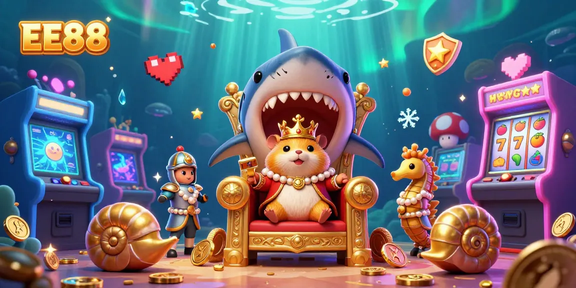 Experience exciting gameplay and vibrant visuals with EE88's golden hamster king in a colorful 3D casino game scene.
