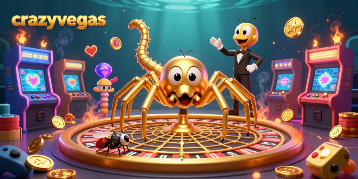 Experience thrill at crazyvegas with a golden spider spinning a roulette wheel, set in a dynamic casino world.