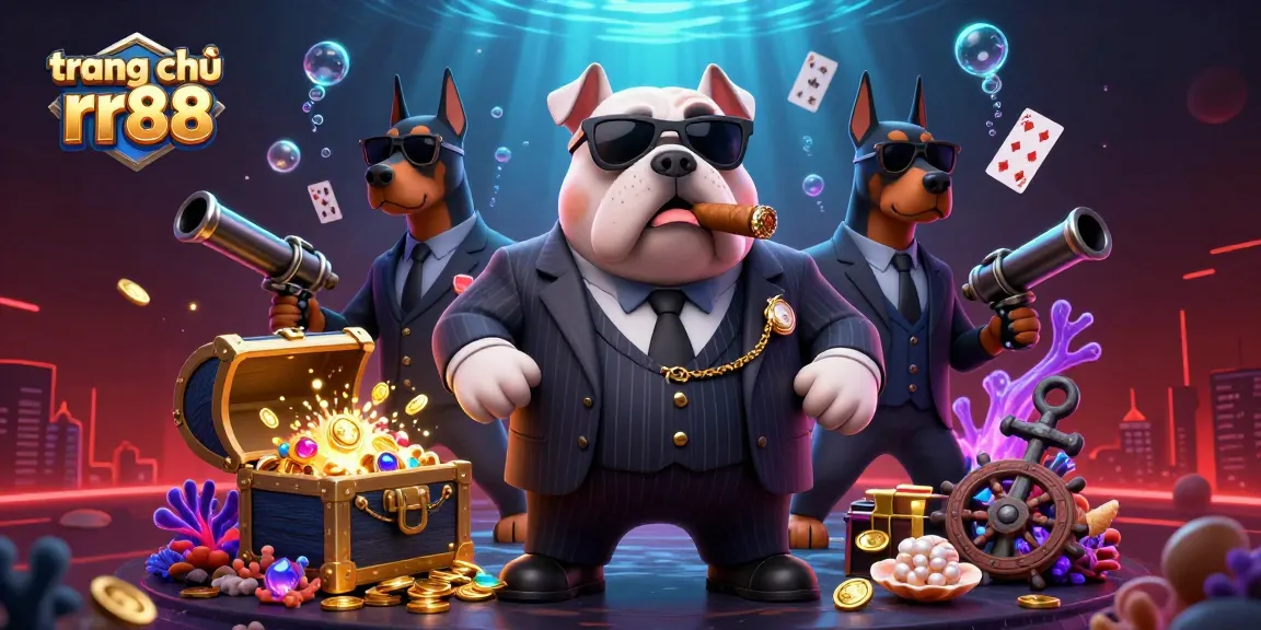 Experience the excitement of gaming on trang chủ rr88 with a dynamic undersea casino scene featuring a mafia boss and his bodyguards.